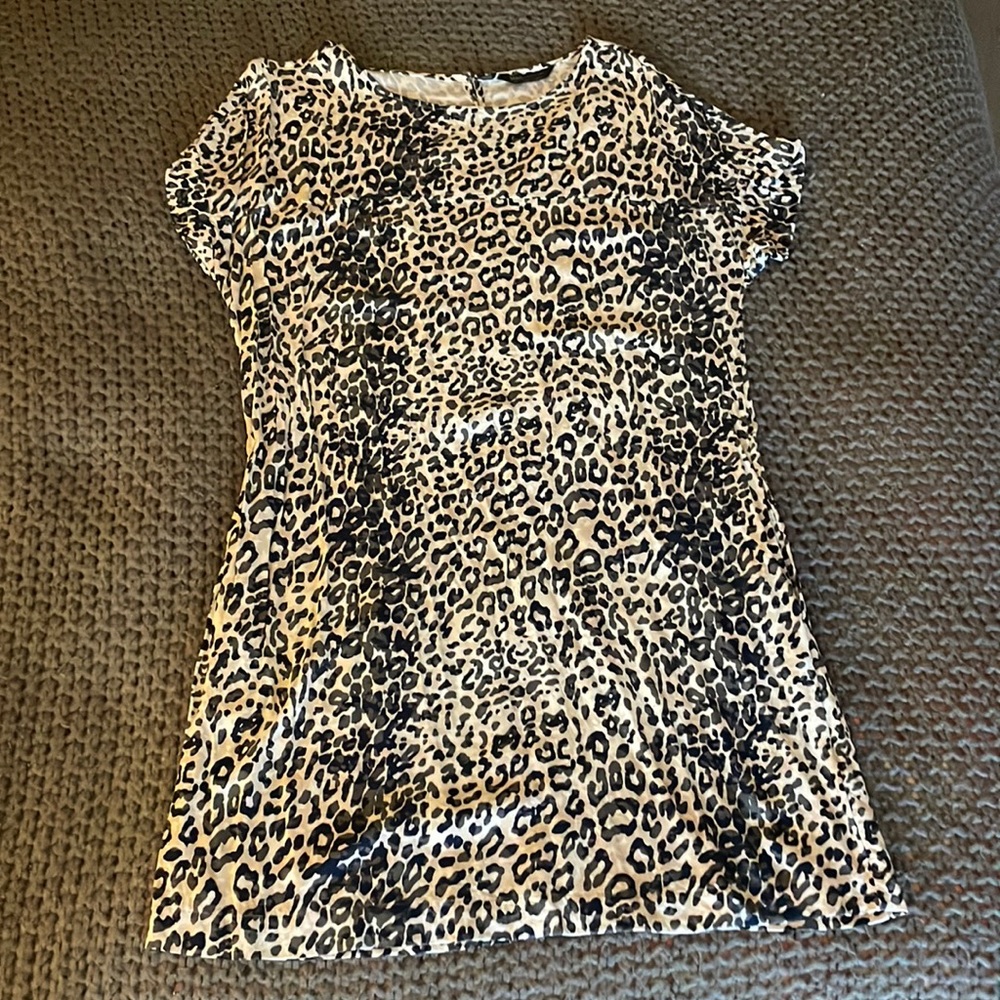 Cream and dark green leopard print shift dress.